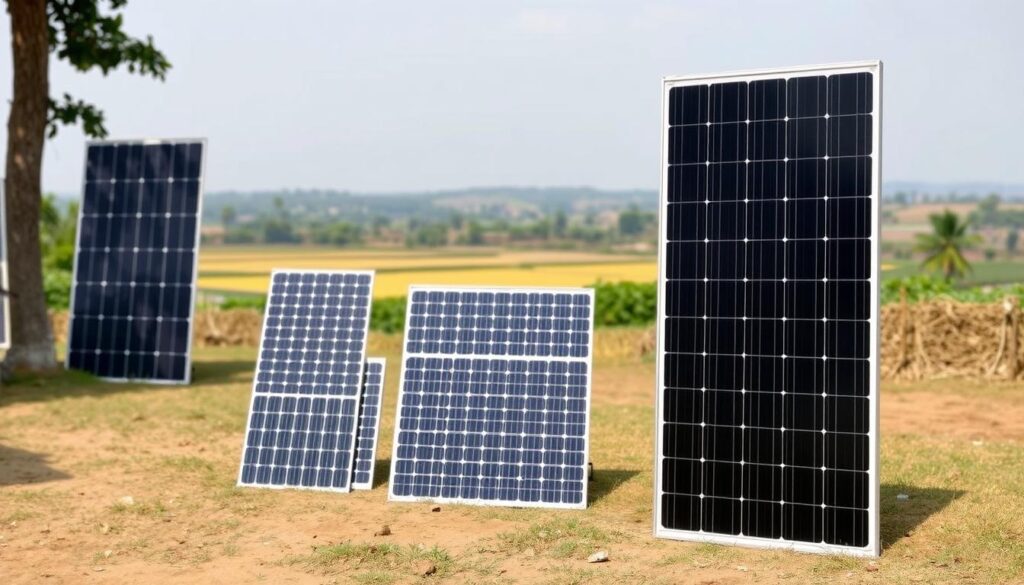 A detailed comparison of solar panel efficiency, showcasing the "My Solar Fault" NeON H+ Black panel's premium performance in Indian conditions. The scene depicts a well-lit outdoor setting, with the NeON H+ Black panel prominently displayed in the foreground, its sleek black design and high-efficiency cells clearly visible. In the middle ground, several other solar panel models are shown, their efficiency levels and technical specifications presented in a clear, visually appealing manner. The background features a picturesque landscape, perhaps a rural Indian setting, to emphasize the panel's suitability for local conditions. The overall mood is one of techno-sophistication and environmental responsibility, reflecting the article's focus on the latest advancements in solar technology.