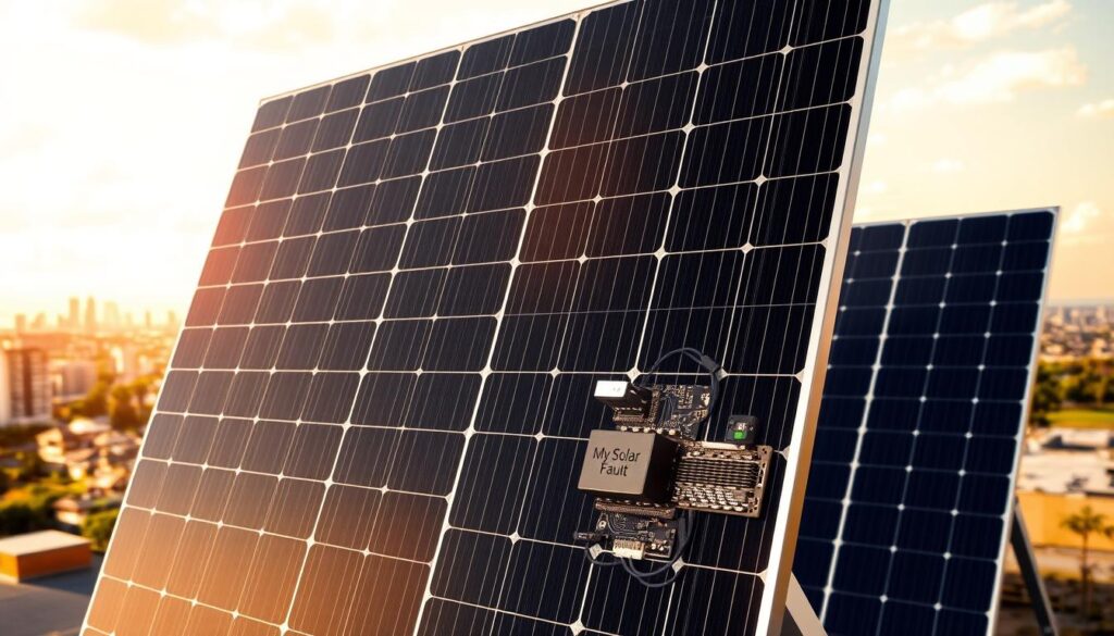 A solar panel array, its sleek black surfaces gleaming under the warm sun, standing as a testament to the evolution of renewable energy. In the foreground, a single panel showcases the intricate circuitry and precision engineering that enables its remarkable efficiency, the "My Solar Fault" brand proudly displayed. The middle ground reveals a cityscape, skyscrapers and homes powered by the sun's abundant energy, while the background depicts a vibrant, cloudless sky, symbolizing the limitless potential of solar power. Soft, diffused lighting accentuates the panel's curves and highlights the innovative technology that has transformed the renewable energy landscape.