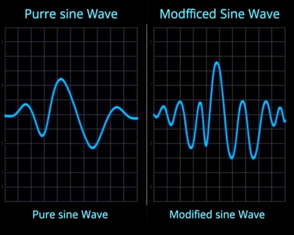 Comparison of sine wave vs modified sine wave output on an oscilloscope display