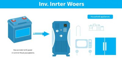 Diagram showing how an inverter converts DC power from batteries to AC power for home appliances