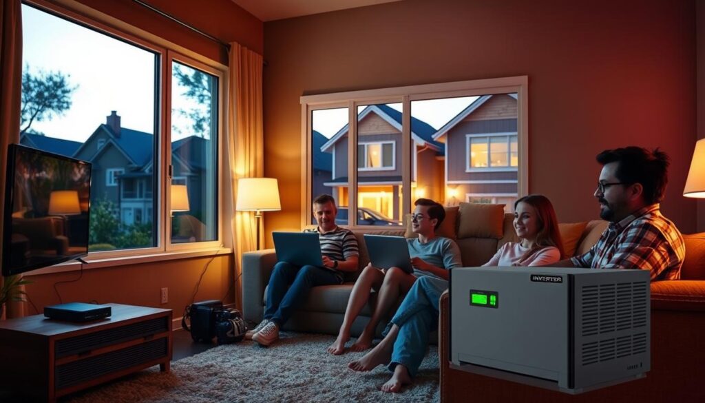 Family enjoying uninterrupted power at home during an outage with their inverter system