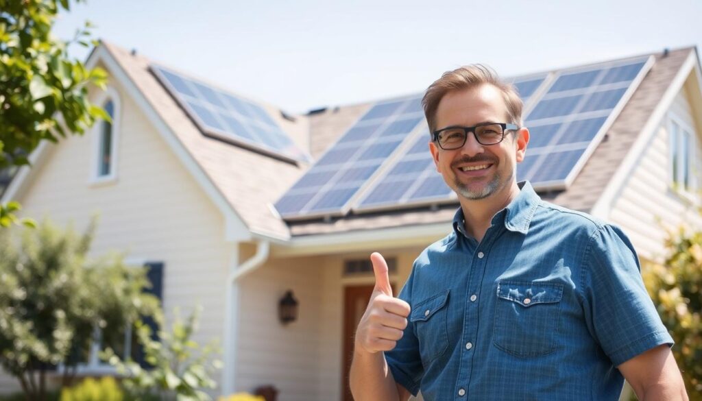 Happy homeowner with newly installed solar panels on their roof