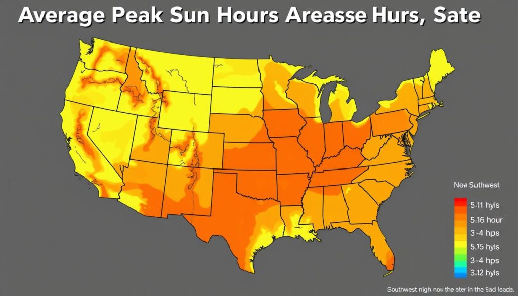 Map of the United States showing average peak sun hours by region for solar panel calculations