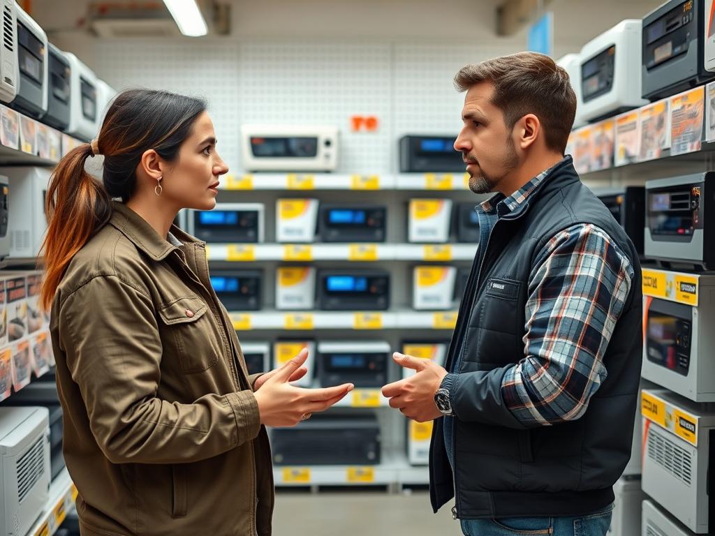 Person examining different inverter models in a showroom with a salesperson Person examining different inverter models in a showroom with a salesperson