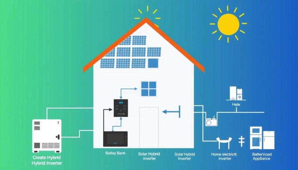 Solar hybrid inverter system setup with solar panels, batteries and home connection