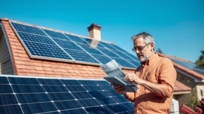 Solar panels installed on a residential roof with a person calculating how many solar panels they need