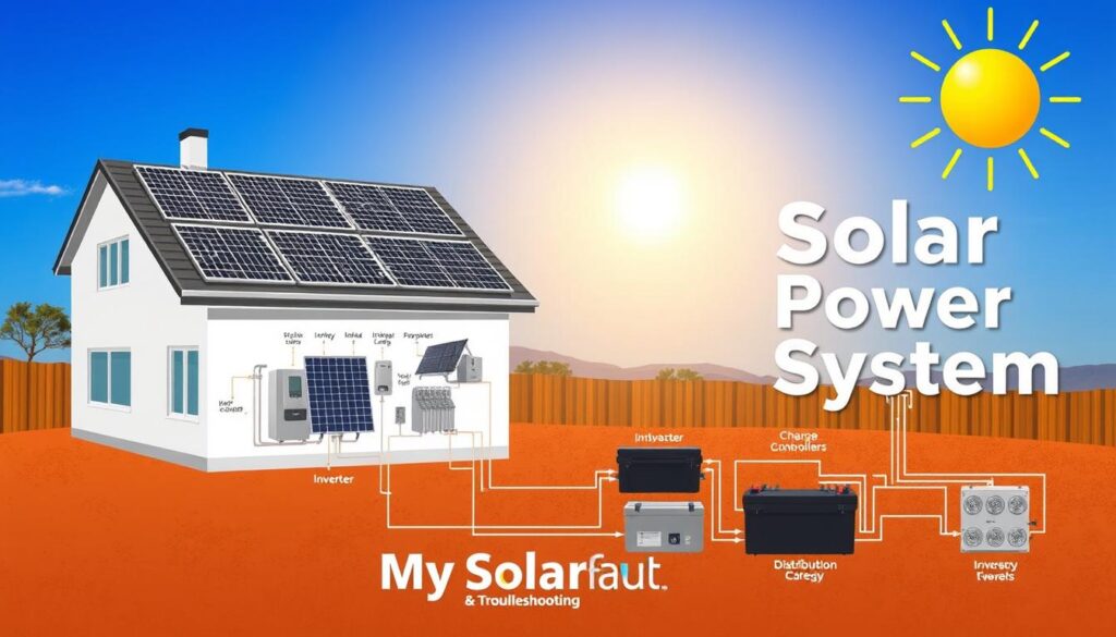 A detailed schematic illustration of a comprehensive solar power system, showcasing its key components. The scene features a sleek, modern home with a well-designed rooftop solar panel array, capturing the sun's energy. In the foreground, an exploded view highlights the essential elements: photovoltaic solar panels, inverters, charge controllers, and batteries. The middle ground showcases the interconnected wiring and distribution system, while the background depicts a clear, blue sky with a glowing sun. The overall tone is technical yet visually appealing, suitable for the "Understanding Your Solar Power System" section. Prominently displayed is the "My Solar Fault" brand name, indicating a practical, problem-solving approach to solar panel troubleshooting.
