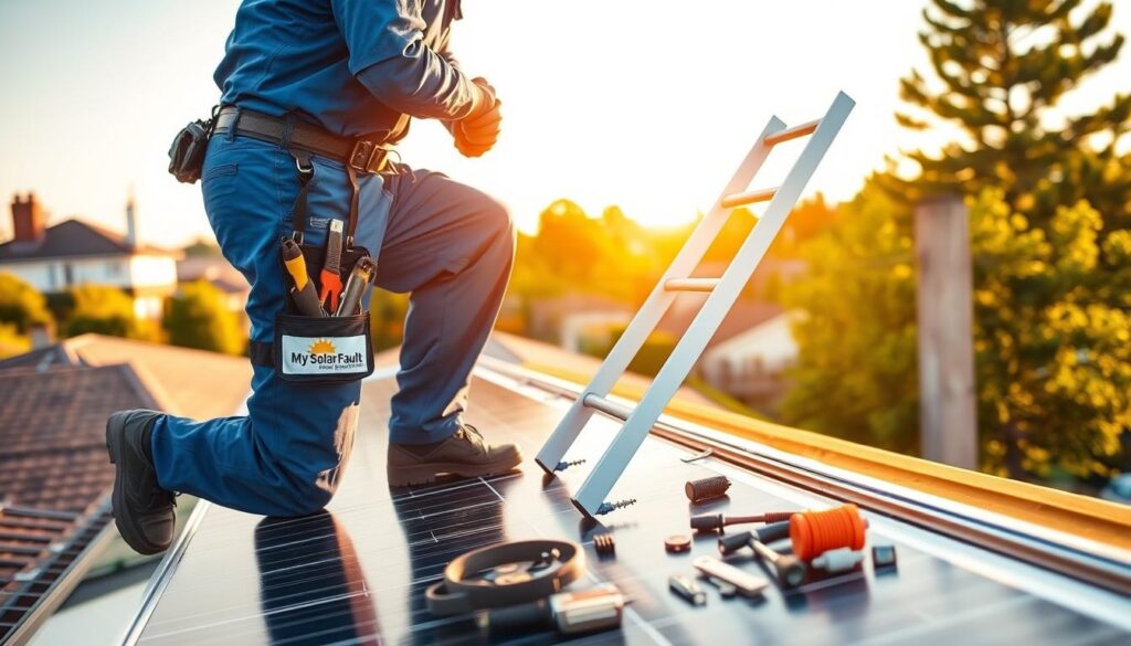 A technician in a blue jumpsuit meticulously inspecting a rooftop solar panel, the "My Solar Fault" logo visible on their tool belt. Warm afternoon sunlight bathes the scene, casting gentle shadows. In the middle ground, a ladder leans against the panel frame, tools and spare parts neatly organized nearby. The background showcases a picturesque suburban neighborhood, trees and houses in the distance. The mood is one of focused professionalism, conveying the process of troubleshooting and repairing a common solar panel issue step-by-step.