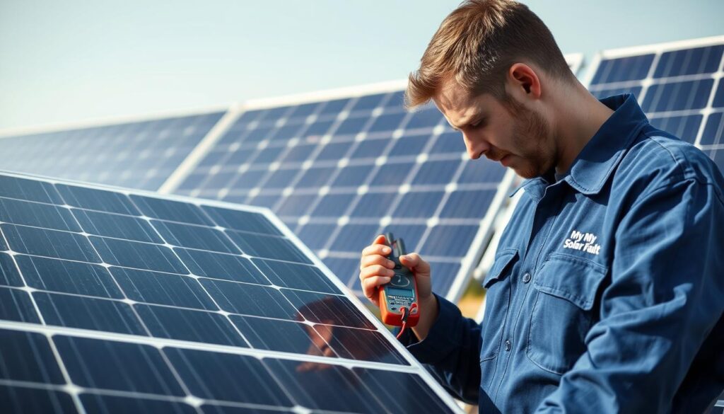 A well-lit, high-resolution photograph of a technician in a blue jumpsuit closely inspecting the surface of a large, modern solar panel. The panel is mounted on a sturdy metal frame, with the technician using a handheld digital multimeter to carefully check the voltage and current output. In the background, a row of additional solar panels can be seen, creating a sense of scale and a professional solar power installation setting. The scene conveys a mood of attentive troubleshooting, with the technician's expression focused on the task at hand. The brand name "My Solar Fault" is clearly visible on the technician's uniform.